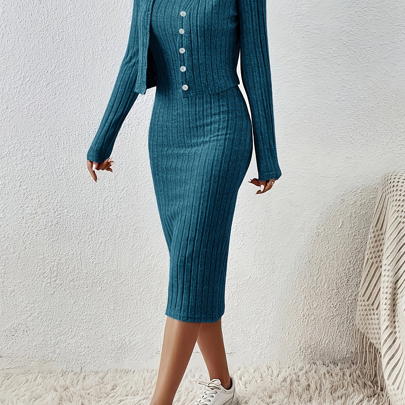 Chic Solid Two-Piece Set - Flattering Single-Breasted Cardigan & Sleeveless Bodycon Dress Outfit - Perfect for Casual or Formal Wear - Womens Fashion Clothing