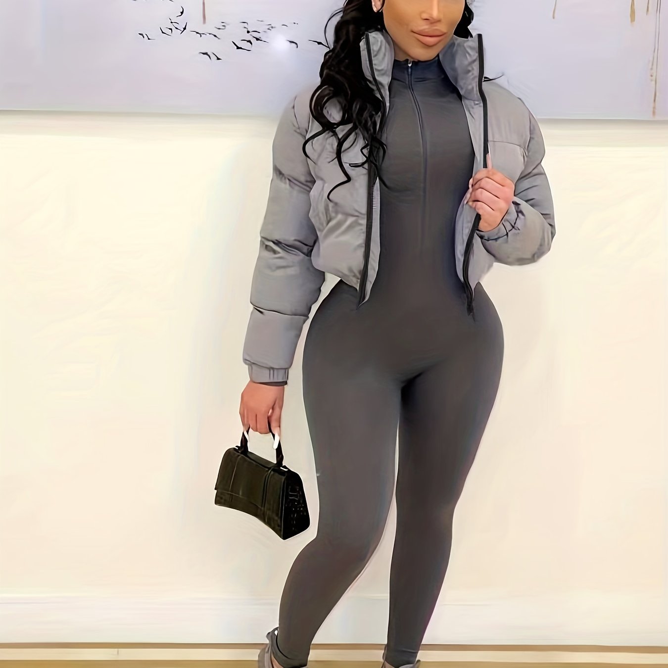 Zip Up Solid Parka, Casual Long Sleeve Winter Warm Outerwear, Women's Clothing