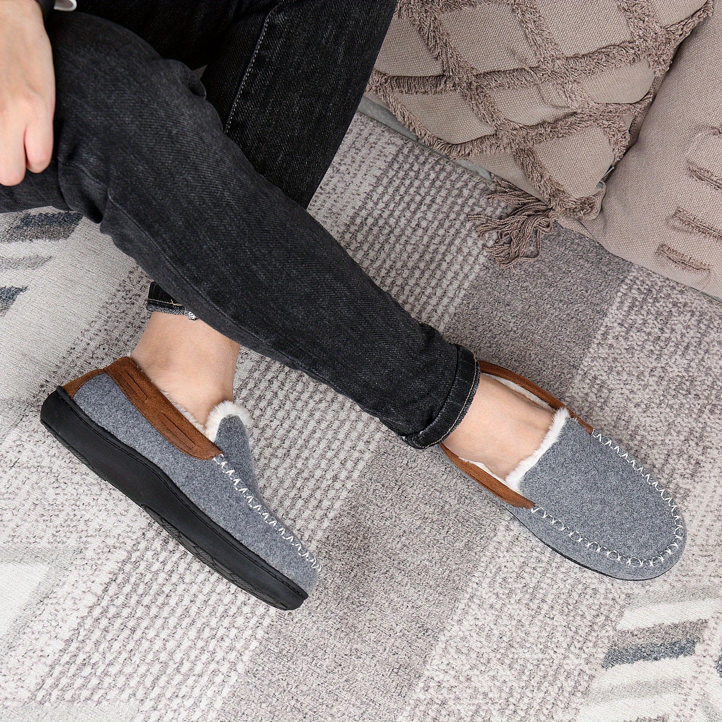 Moc Toe Home Slippers Soft Plush Cozy House Slippers Anti-skid Slip-on Shoes Indoor For Men Winter Shoes