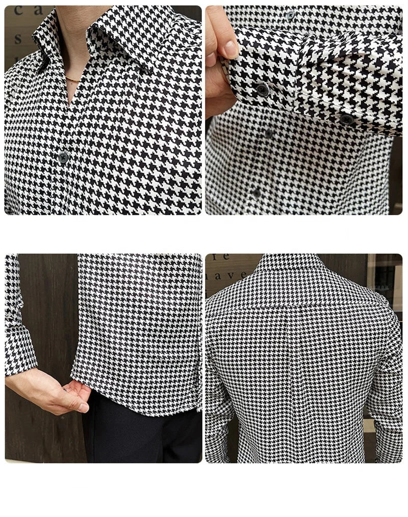 Thousand Birds Check Shirts for Men New British Style Long Sleeved V-neck Fashion Casual Slim Fit Print Dress Shirt Men Clothing