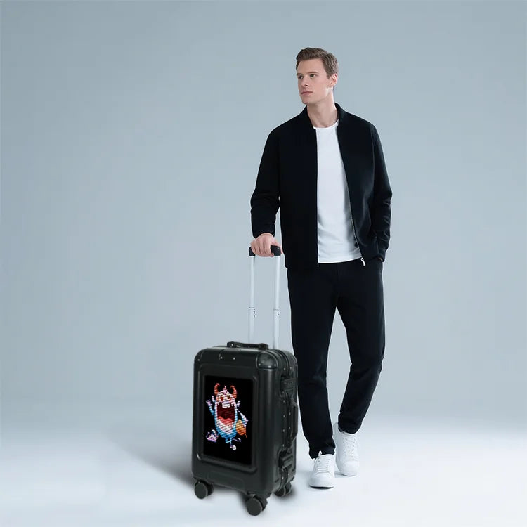 LOY L5-1 Smart Led Screen Light Display Aluminum Alloy Pull Bar Large Intelligent Black Trolley Suitcase Travel Bags Luggage