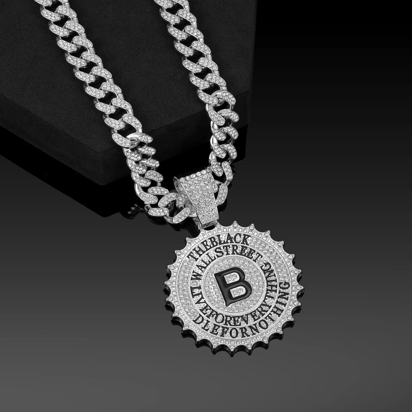 CJH Hip Hop Brand Men's Full Diamond Cuban Necklace Round B Diamond Letter Pendant Long Chain for Gift Cross-Border Supply