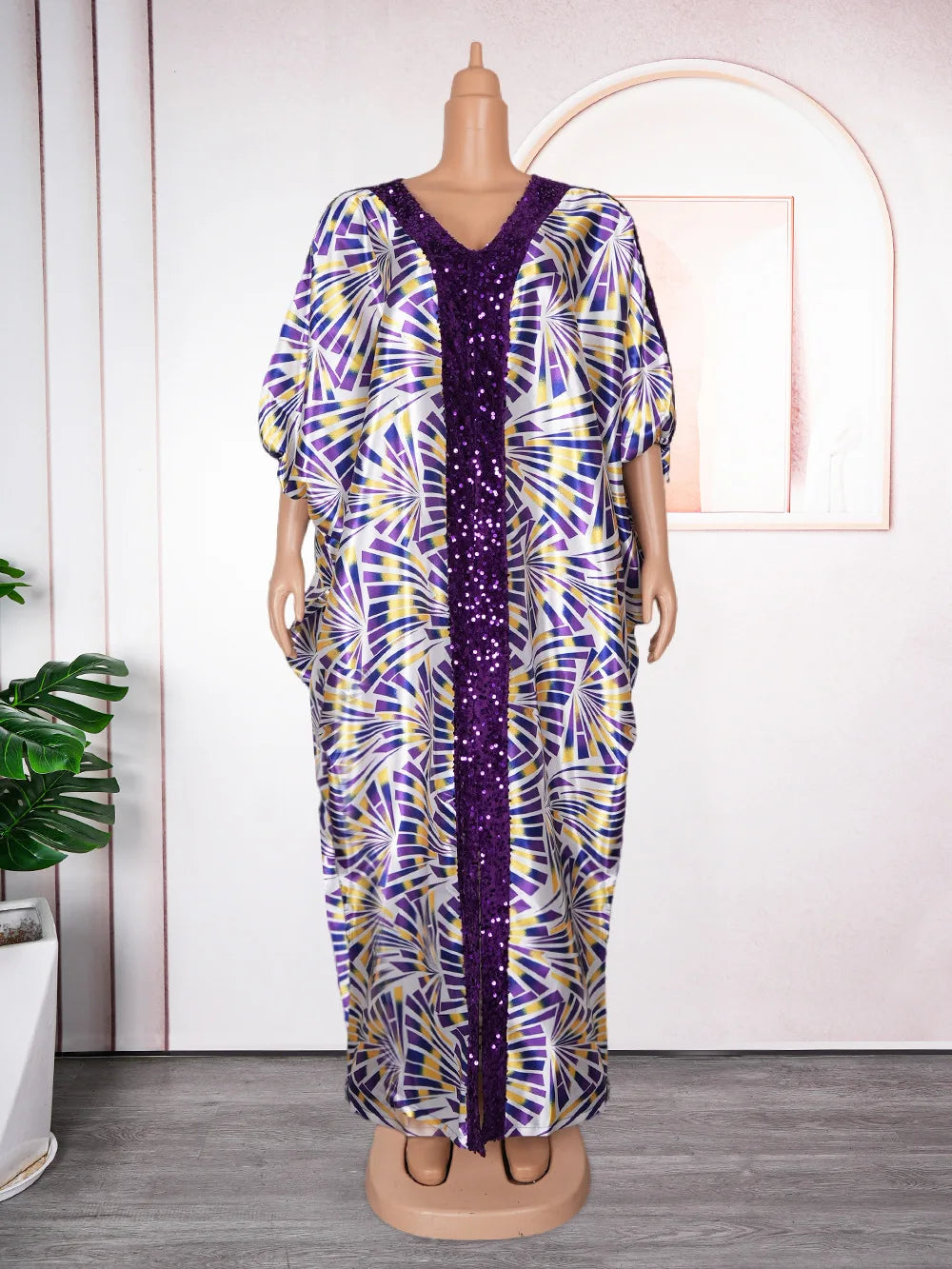 New Fashion Women Africa Summer Spring Short Sleeve Robe Printing Patchwork Sequin V-neck Long Dress Muslim Casual Dresses
