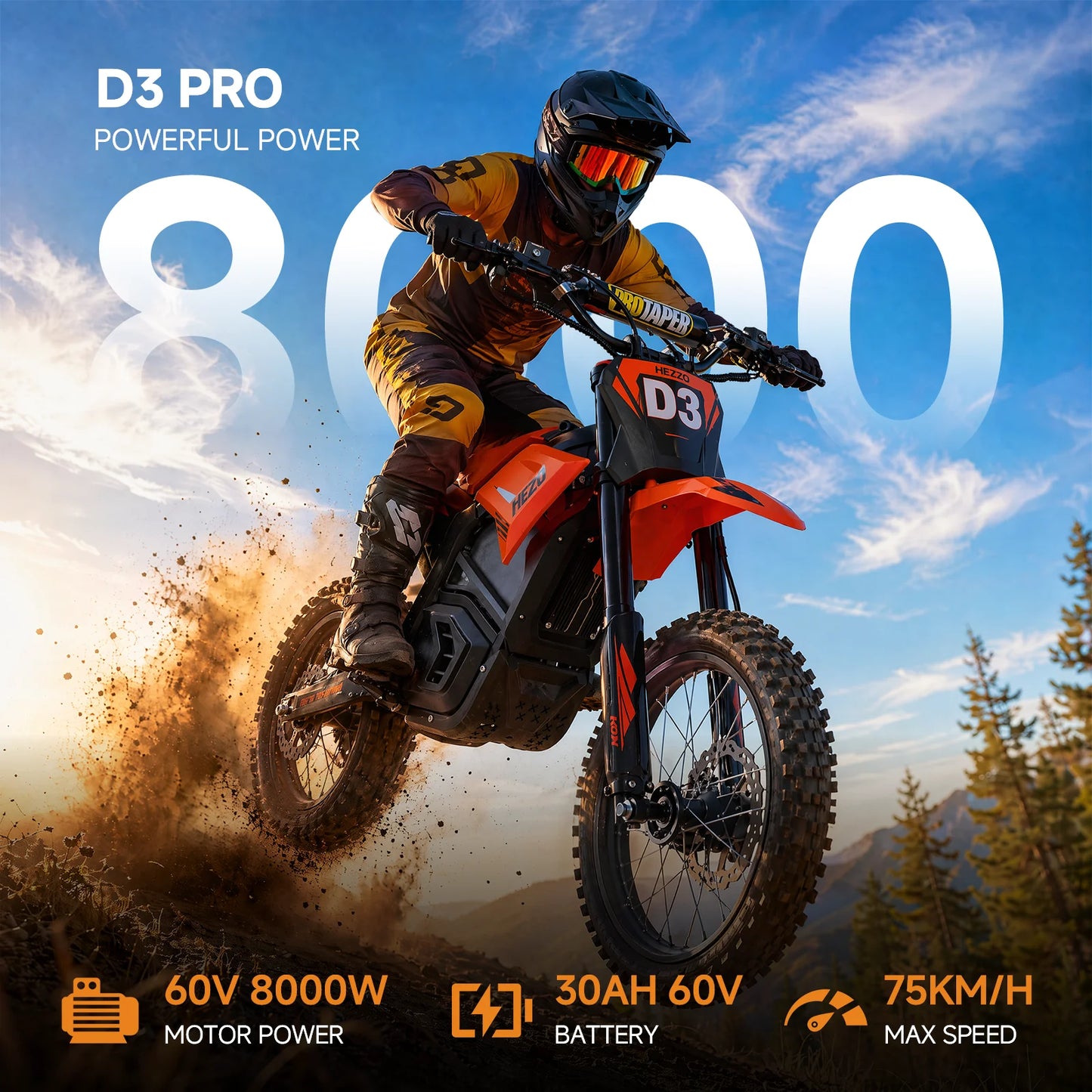 2026 HEZZO Electric Dirt Bike 60V 8000W 30AH off Road D3PRO Ebike Powerful Racing Mountain Electric Bike Enduro Motorbike