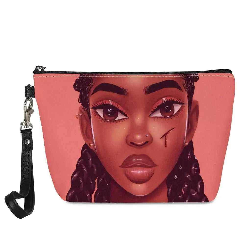 Hot Selling Art African Girl Theme Lightweight Travel Accessories Cosmetic Pouch Zipper Closure Makeup Bags Custom Cosmetic Bag