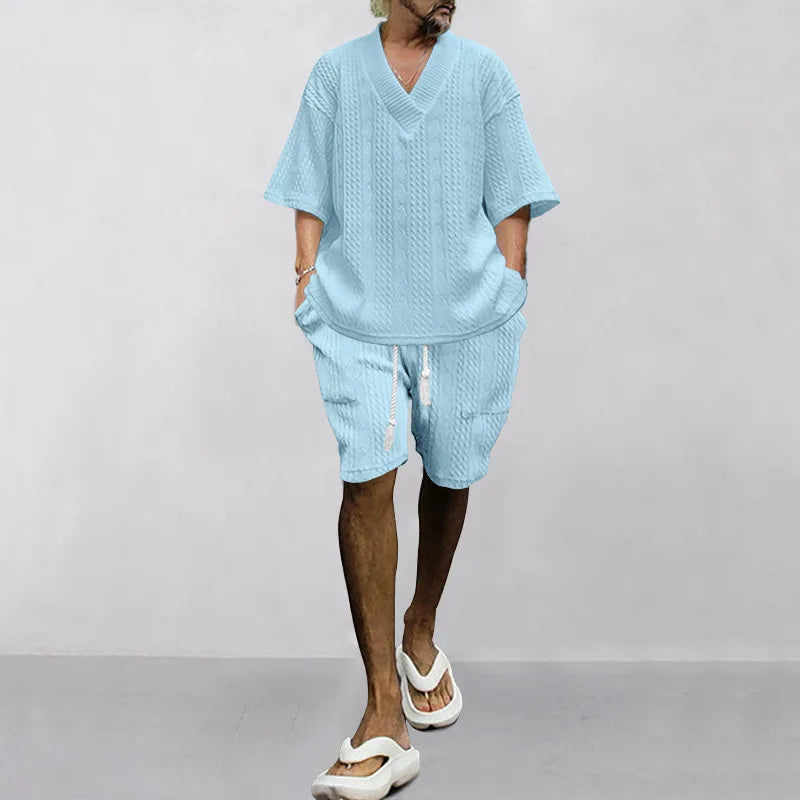 2024 Summer Men's Breathable Jacquard Casual Suits Loose Short Sleeve T-Shirt + Shorts V-Neck Tracksuit Two-Piece Set