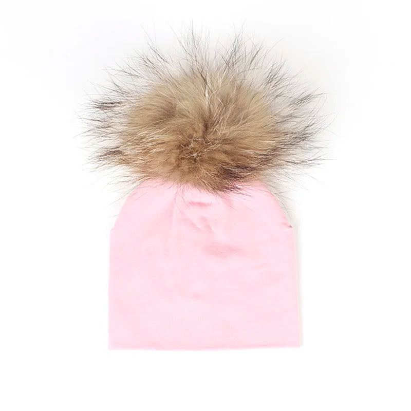 Geebro 0-3 Month Baby Boys Soft Cotton Real Fur pompom Beanies Hats For Newborn Girls Spring Autumn Kids Infants Toddler Hats