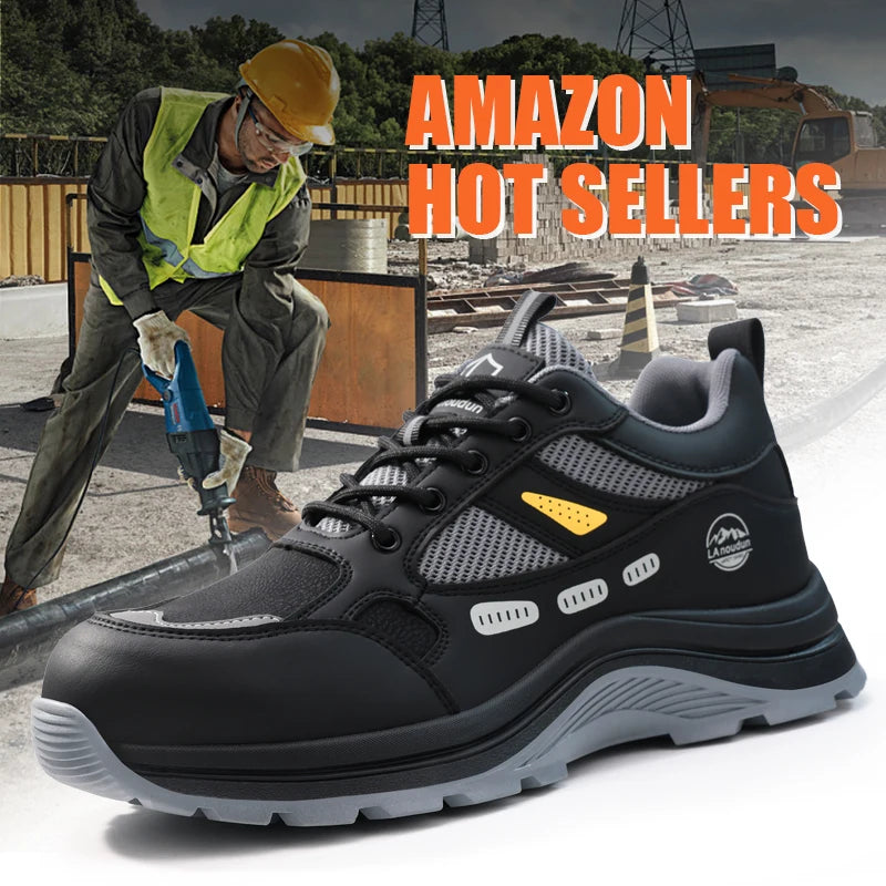 Lanoudun Black Industrial Safety Shoes For Men Steel Toe Puncture Resistant EN Standard Cap Microfiber