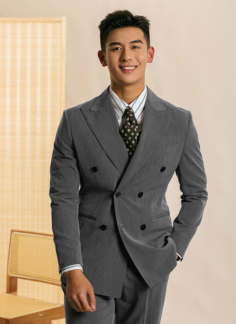New Product Italian Suits for Men Double Breasted Black Stripe Man Slim Fitting Suit 2 Pcs Set