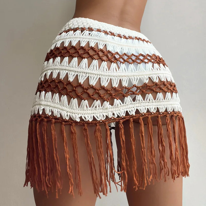 JSN920278 2023 New Arrival Fashion Beach Holiday Skirt Knitted Hand Hook Stitching Color Fringe Bikini Outside Matching Skirt