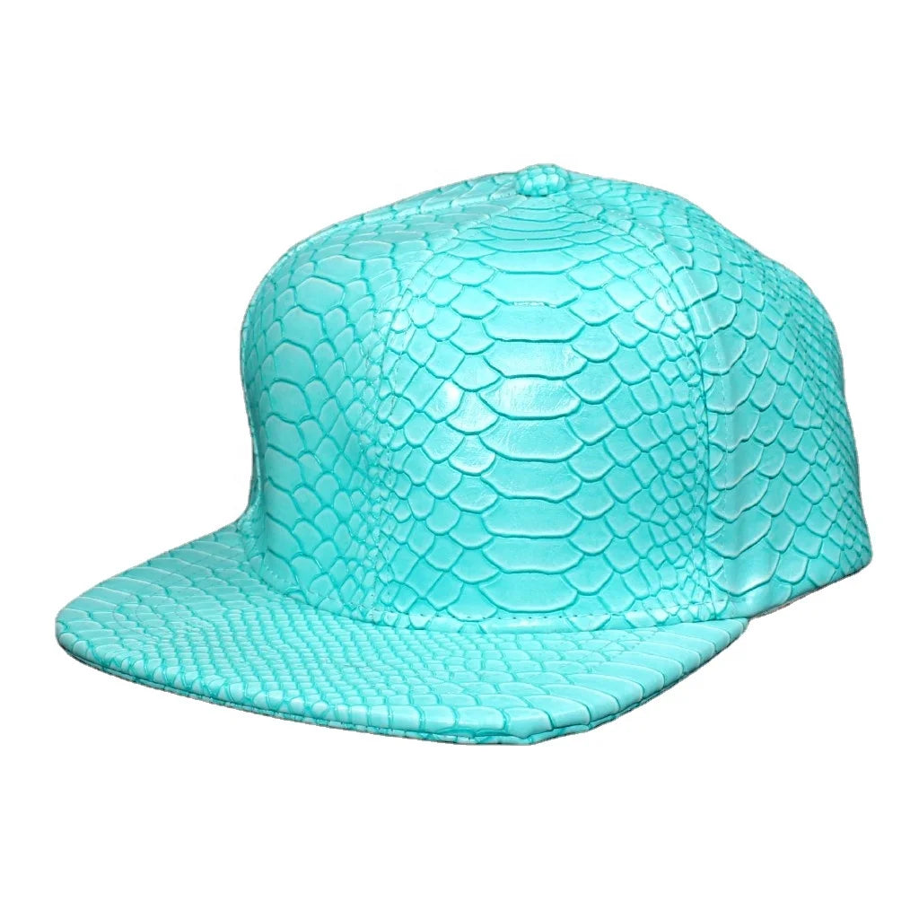 Wholesale Black Snakeskin PU Leather Common Fabric 6-Panel Fashion Cap-Logo Embroidered Adjustable Strapback Hat for Unisex