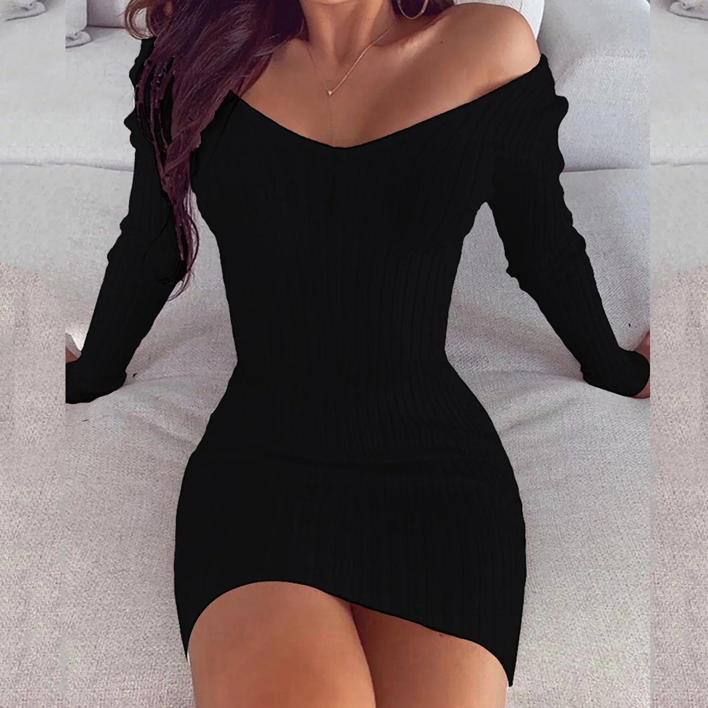 Women's White Black Knitted Summer Dress Long Sleeves Casual Bodycon Mini Sweater Warm Slim Clubwear Vestidos for Party Autumn