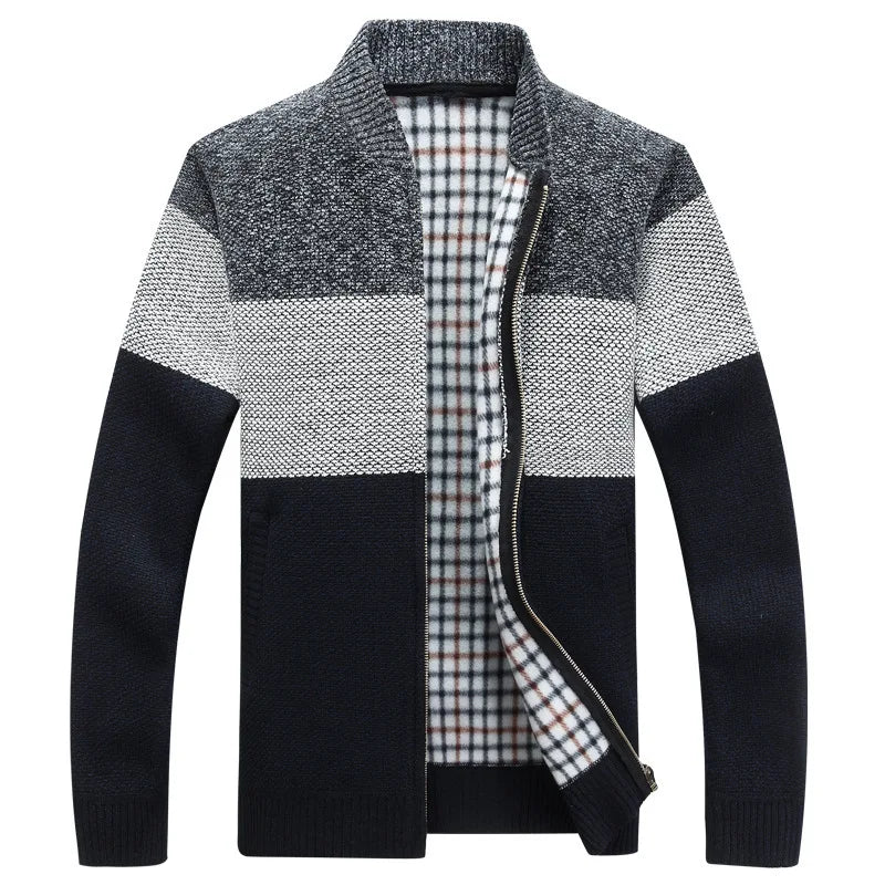 Winter Fashion Patchwork Men's Knitted Jackets Thick Comfy Long Sleeve Sweater Coat Warm Stand Collar Fall Tide Casual Cardigan