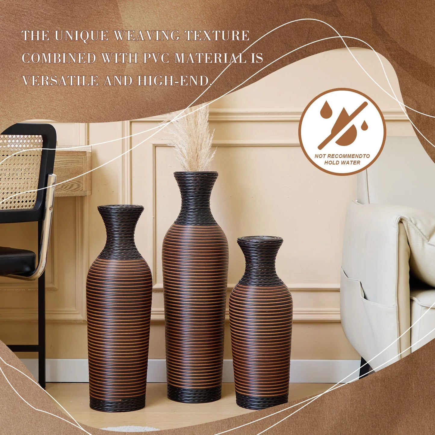 Set of 3 Brown Hand-Woven PVC Rattan Vases 27.56in 23.62in 19.69in Tall Farmhouse Decorative for Outdoor Home Decor