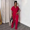 Women's Summer New Short Sleeve Solid Pattern Polo Collar Shirt and Wide Leg Pants Casual Style One Set Suits