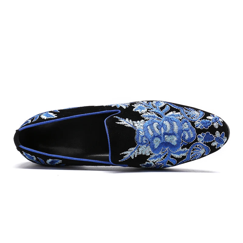 NA074 2022 Embroidery Men Flats Blue Fretwork Loafers Slip on Party Shoes Men Vintage Casual Shoes Mixed Stone Flat Heel Shoes
