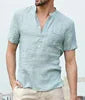 S-5XL High Quality New Men'S Linen V Neck Bandage T Shirts Male Solid Color Shorts Sleeves Casual Cotton Linen Tshirt Tops