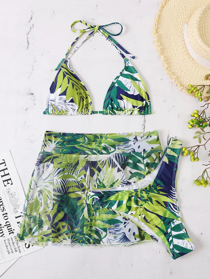 Bikini 2022 Skirt Swimsuit Women Print Swimwear Female Halter String 3 Pieces Set Sexy Bathing Suit Swimming Suit