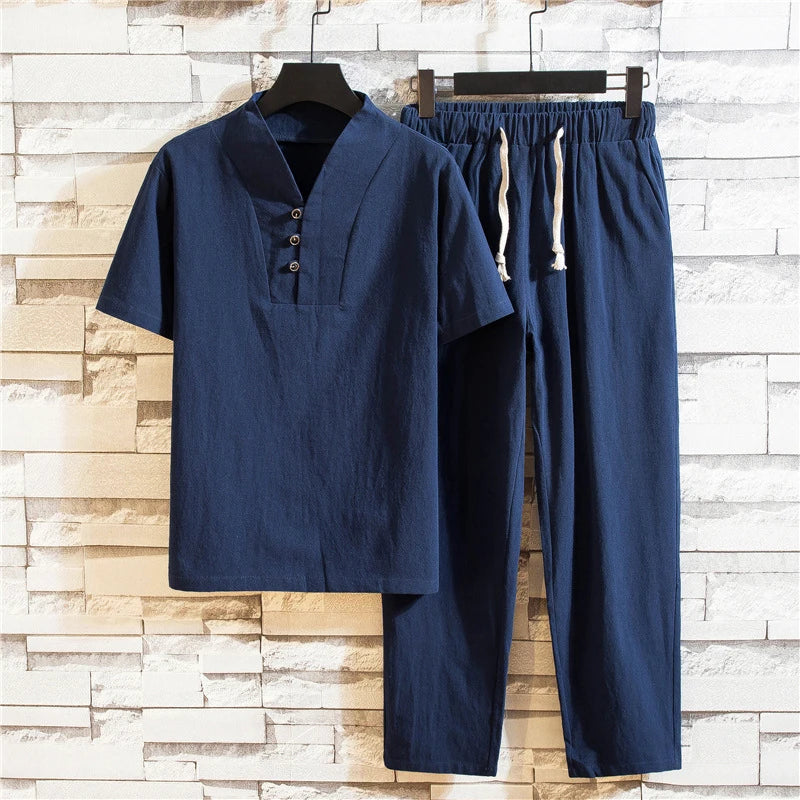 Custom New Fashion Men's Summer Suit - Large Size Chinese Style Loose Retro Casual Two Piece Set with Traditional Design