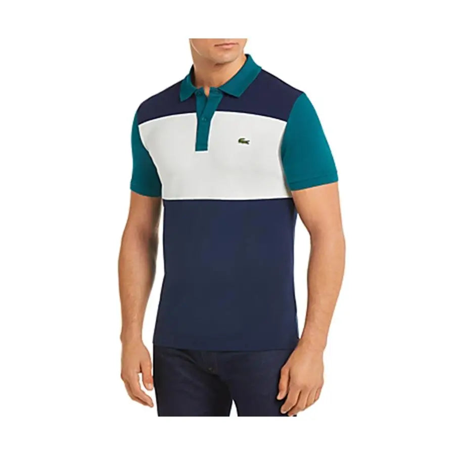 Lacoste Color-Block Striped Slim Fit Pique Polo Shirt Mens Active Shirts & Tees Color: Emerald/Blue/White | 100% Authentic