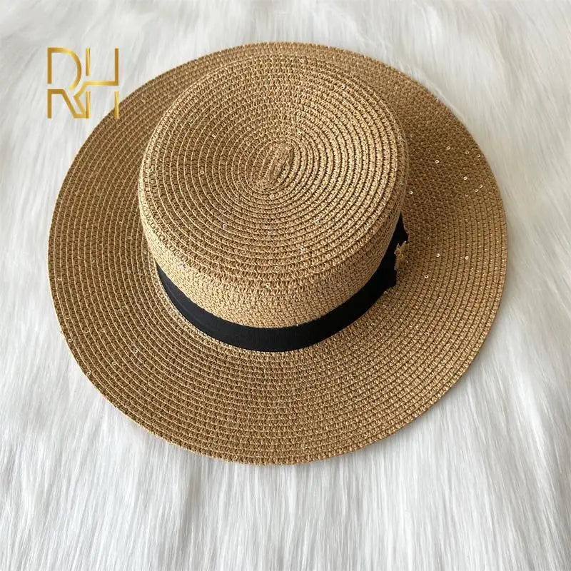 Fashion Sequins Sunscreen Paper Straw Hat Spring Summer British Flat Top Panama Sunshade Golden Bee Beach Hat