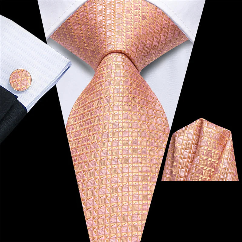 High Quality Luxury Business Fashion Men Gift Orange Plaid Checked Tie Jacquard Woven Silk Necktie Pocket Square Cufflinks Set