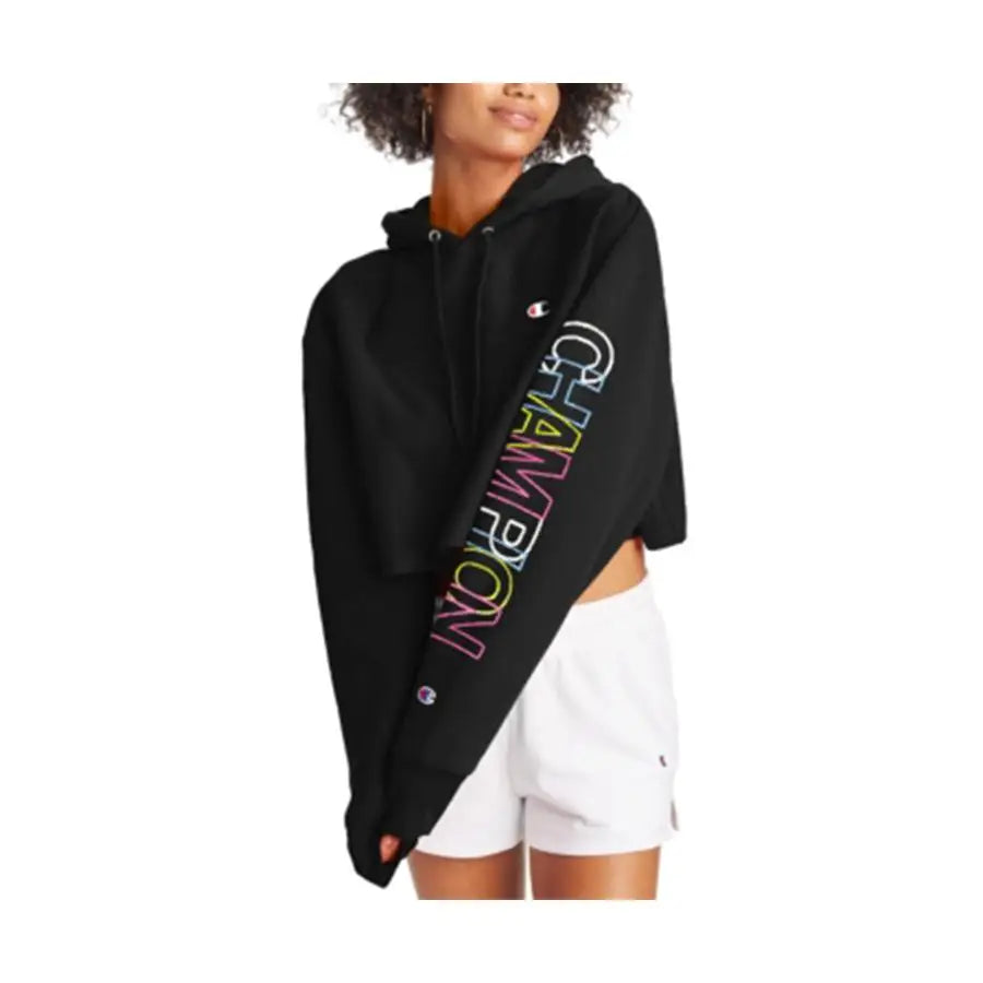 Champion Reverse Weave Cropped Hoodie Womens Active Sweaters Color: Black/Multi | 100% Authentic