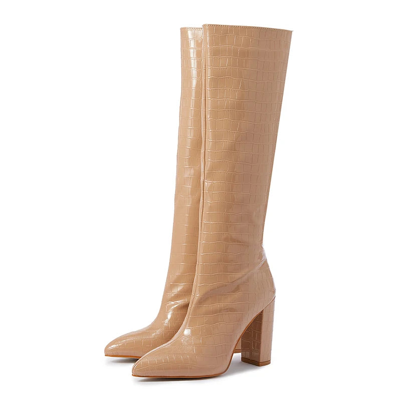 Pattern Long Boots for Women 2024 the Same Pointed Thick Heel Over Knee Boots, a New One Foot Boots in Winter 2025