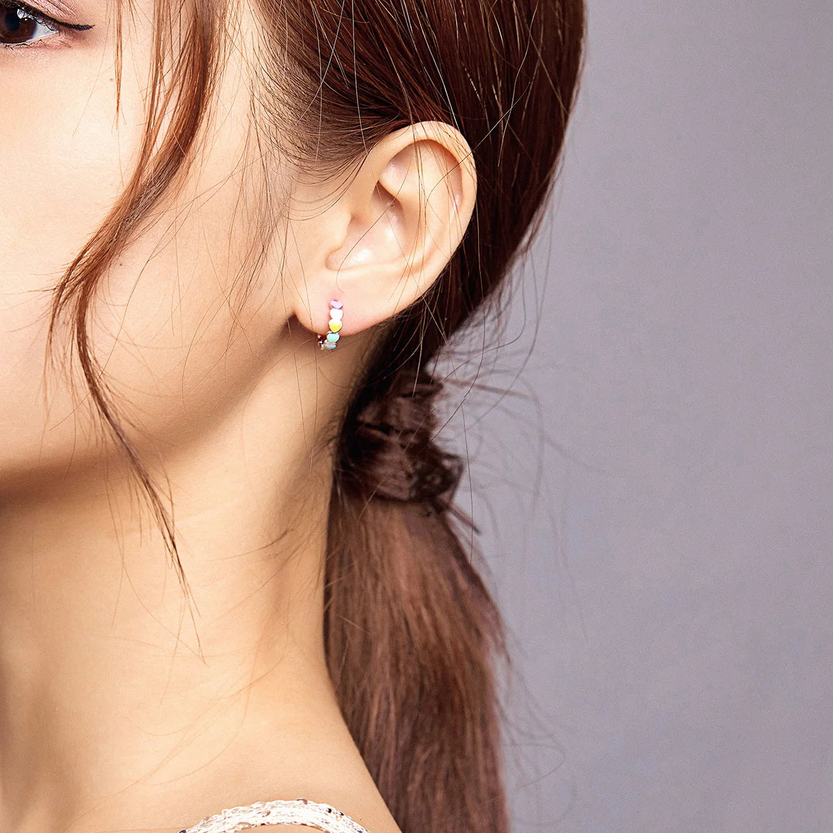 Genuine 925 Sterling Silver Women Multicolor Enamel Heart Hoop Earrings Rainbow Trend Jewelry for Girl Gift SCE909