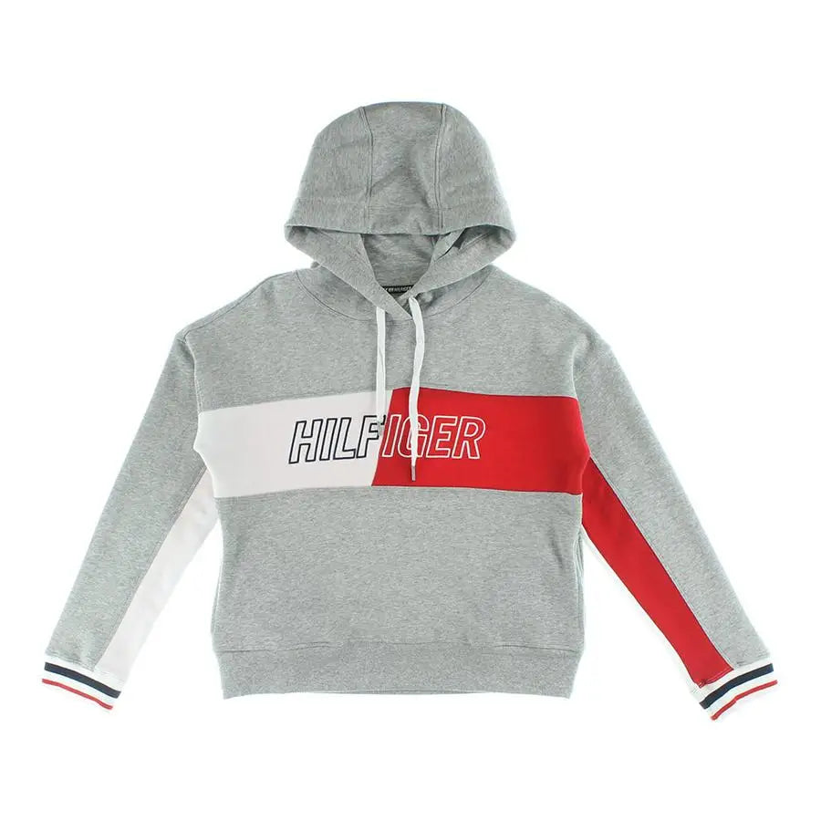 Tommy Hilfiger Colorblocked Embroidered Logo Crop Womens Active Hoodies Color: Grey/White/Red | 100% Authentic