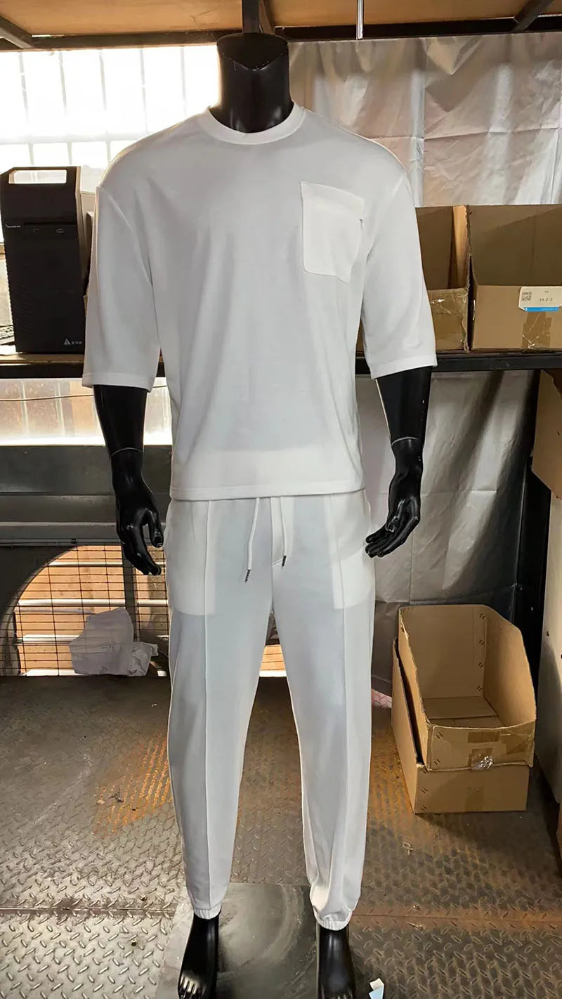 2024 Summer New Sports Set Men's Street Trend Casual Short Sleeved Long Pants Casual Two Piece Set