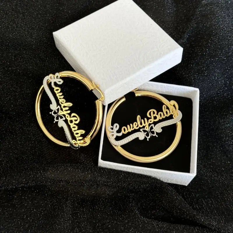 Personalised Double Color Nameplate Earring Stainless Steel Round Earrings Custom Butterfly Name Hoop