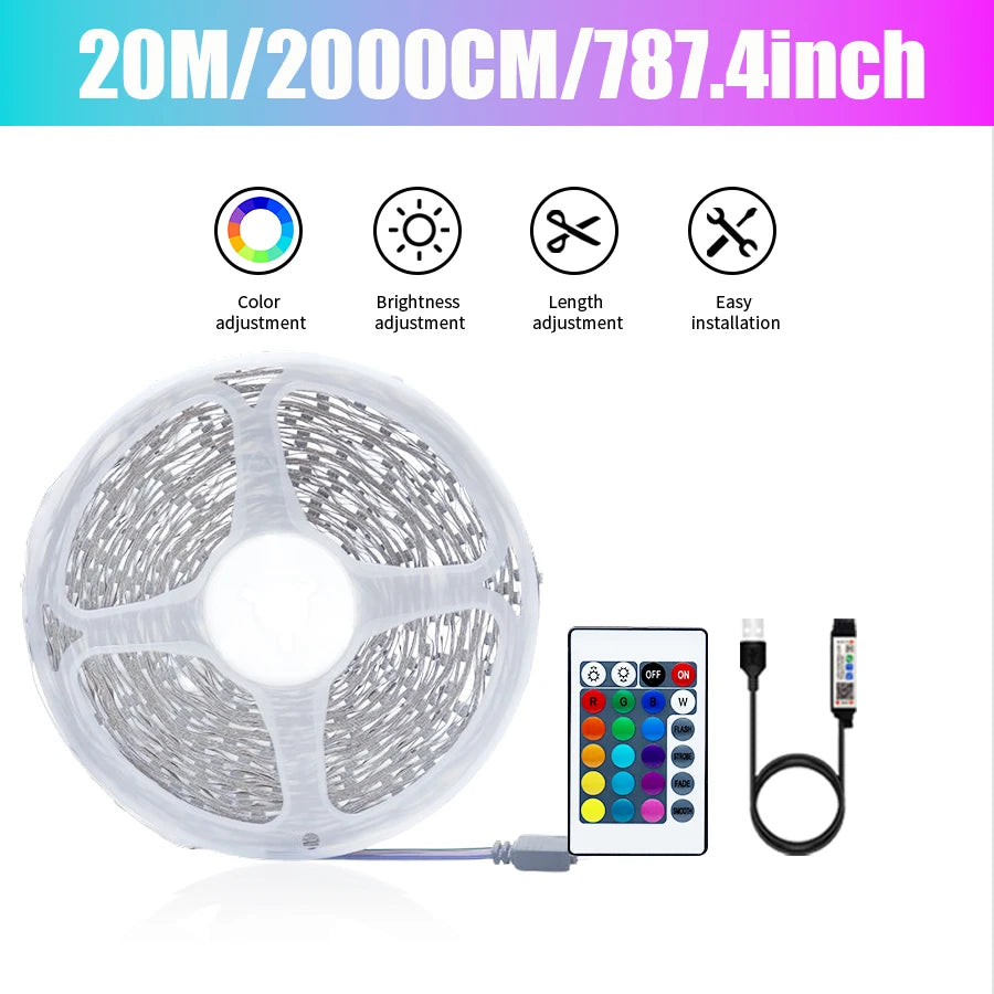 Colorful LED light strip with 24 key remote control APP to control indoor party atmosphere lights, 1/2/3/5/10/15/20M for you to