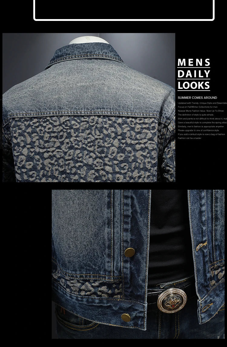 High Quality Jacquard Spliced Denim Jacket for Men Casual Business Social Denim Social Streetwear Jacket Outwear Coat 2025