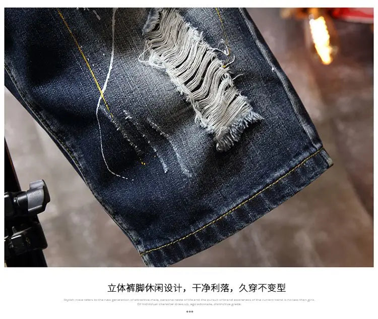 Plus Size 7XL 6XL Men's Summer Ripped Denim Shorts, Loose Straight-Cut, Painted Style, Fashionable Trendy Denim Cropped Pants