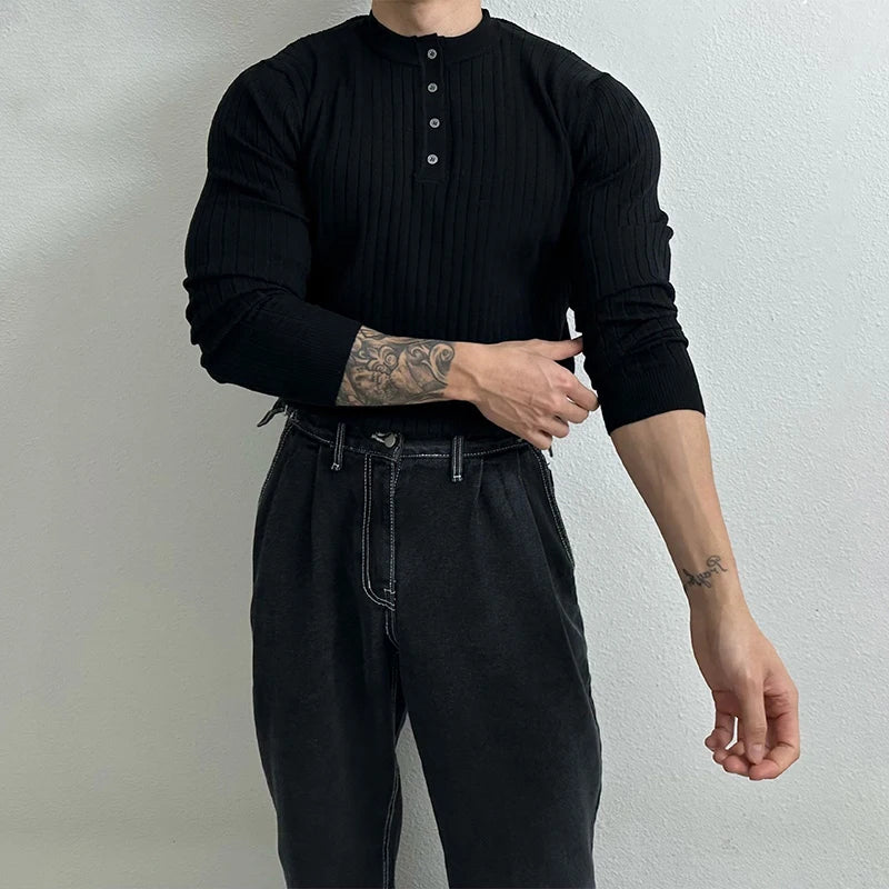 Autumn Clothing Men's Light Luxury Knit Korean Popular Henry Collar T-shirt Button-down Long Sleeve Retro Leisure Knitwear