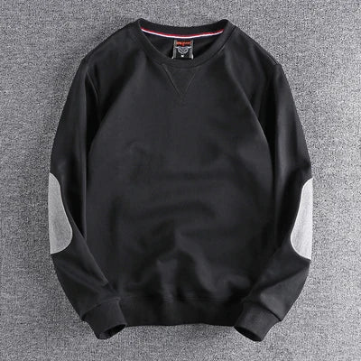 Spring New American Retro Sleeve Patch Solid Color Sweatshirt Men's Simple 100% Cotton Washed Pullover Loose Casual Sportwear