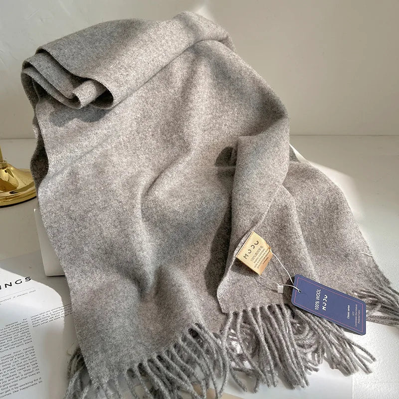 Fashion 100% Wool Scarf Soft Solid Color Scarf for Women Versatile Warm Winter Scarf Thicken Knitted Shawl Simple Tassel Scarves