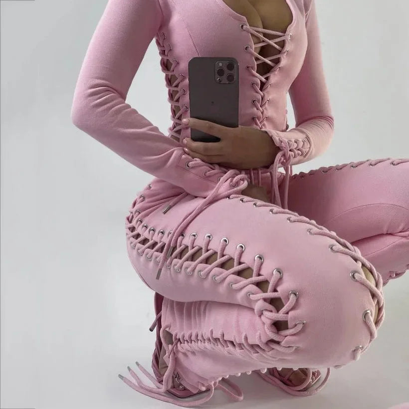 BoozRey Y2k Women Pants Streetwear Low Waist Pant 90s Vintage Clothes Skinny Slim Sexy Lace Up Hollow Out Straight Trousers