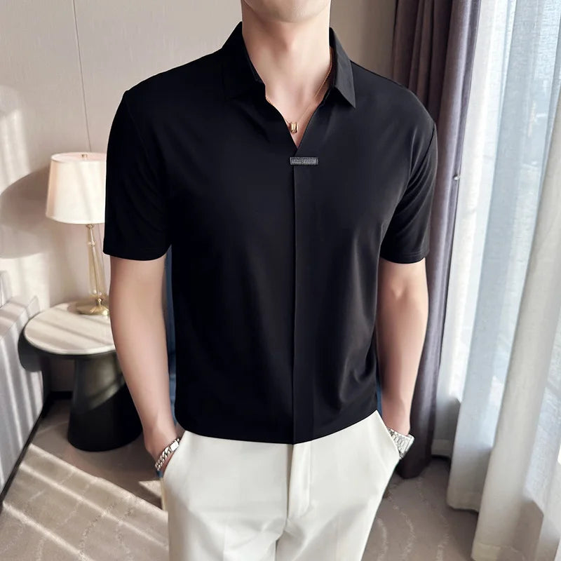 Luxury Purple Polo Shirts For Men High Quality Summer Short Sleeve Men's Polos Ice Silk Elastic Slim Fit Turn Down Collar Tees
