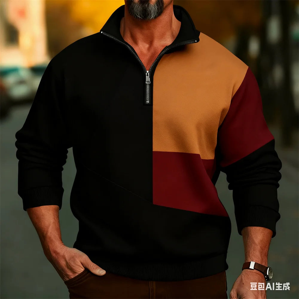 Men's Vintage Classic Print Zipper Sweatshirt Fashion Outdoor Street Casual Long Sleeve Pullover Autumn Winter Half Zip Clothing