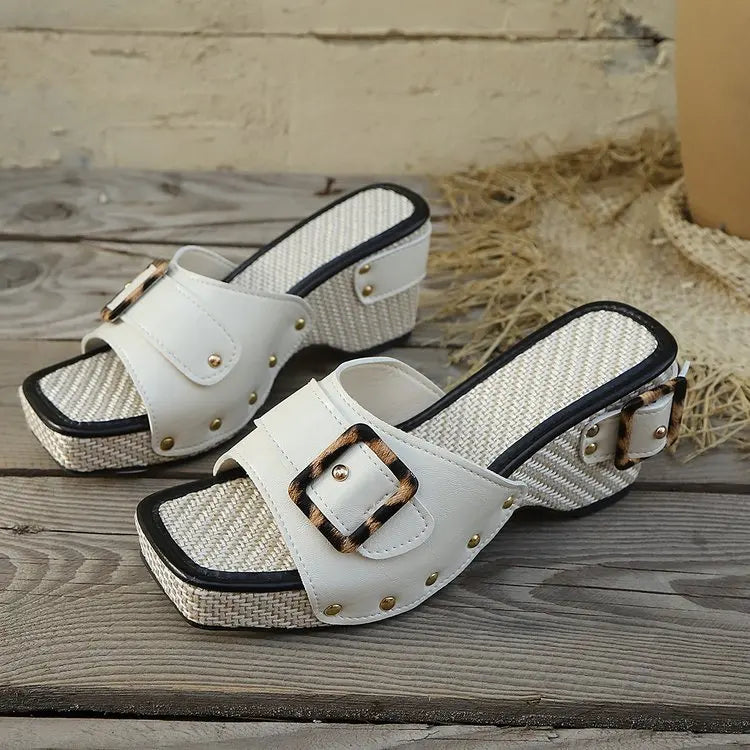 2025 Summer Fashion Sandals Thick Soled Interior Height Increasing Color Blocked Slope Heel Large 43 Women's Shoes Mules