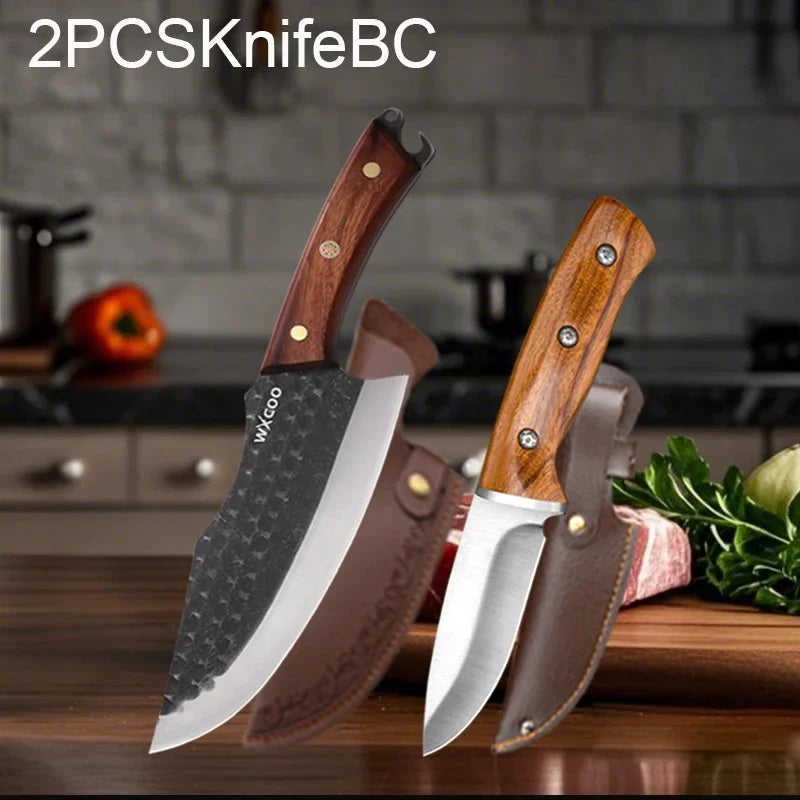 Kitchen Knife Supplies Forged Butcher Knife Fruit Slicing Bottle Opener Knife Multipurpose BBQ Cooking Chef Knife Wood Handle