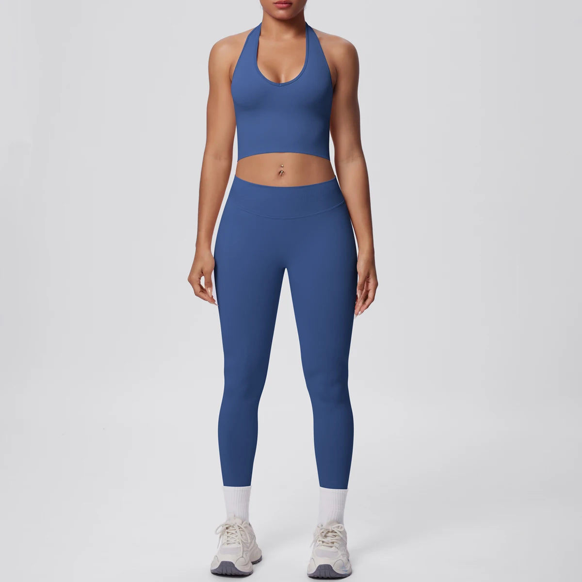Solid Color Backless Breathable 2pieces Set for Woman High Strength Training Yoga Set Hanging Neck Bra Gym Push Up Fitness Pants