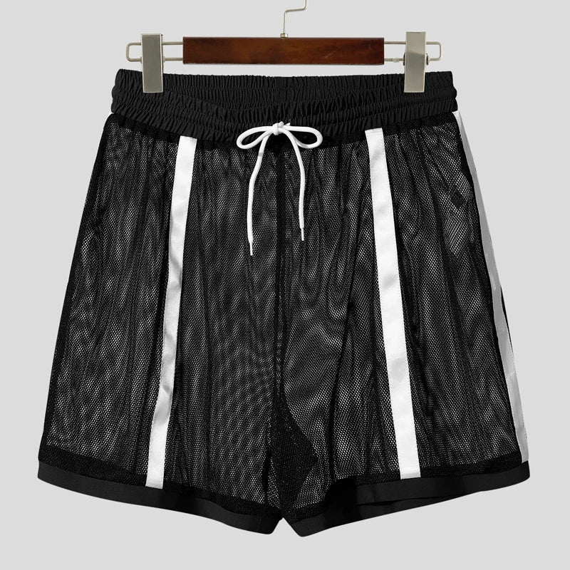 INCERUN Men Shorts Mesh Patchwork Drawstring Loose Transparent Male Shorts Streetwear Summer 2025 Sexy Vacation Men Bottoms