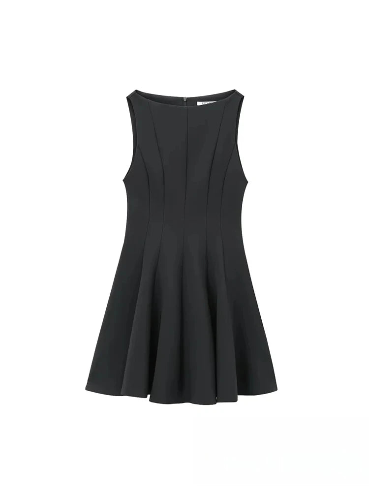 KONDALA Vintage Casual Chic Women Dress Solid Sleeveless O-Neck Zipper Mini Dress New Fashion 2025 Spring Summer Female Dress