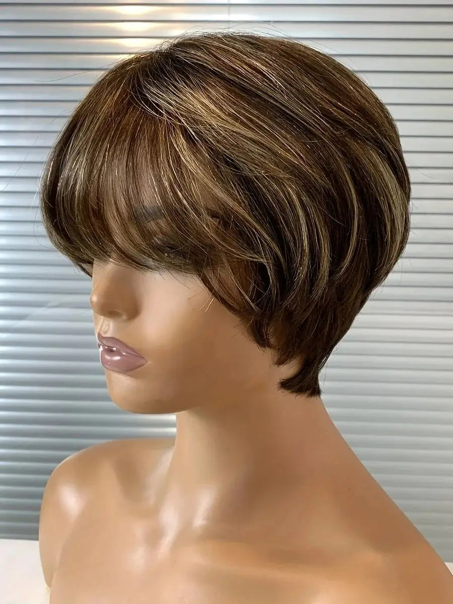 Pixie Cut Wig with Bangs 100% Brazilian Remy Human Hair Natural Black Short Bob Style Full Machine - Made wig