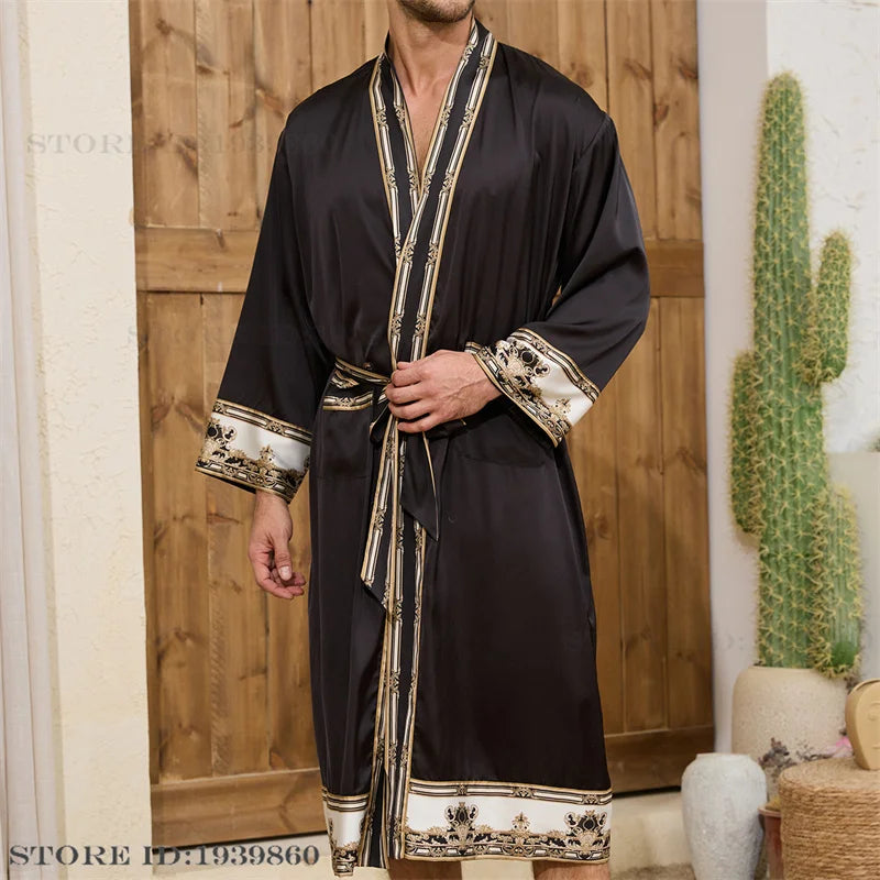 Spring Summer New Men Pajama 2PCS Robe Shorts Set Baroque Style Silk Satin Kimono Bathrobe Gown Loose Home Clothing Loungewear