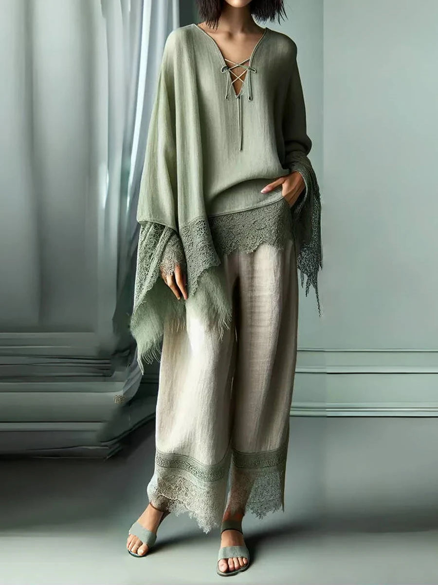 Women's Casual Trousers Fashion Bohemian Ethnic Style Sexy Lace Patchwork Solid Color High Waist Loose Women's Wide-Leg Pants