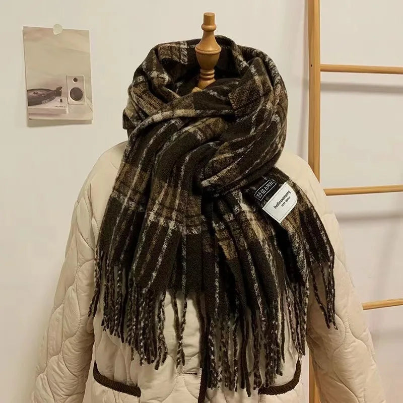 Autumn New Korean Style Warm Scarf Woman Plaid Elegant Shawl Girl Holiday Party Red Casual Preppy Winter Scarf